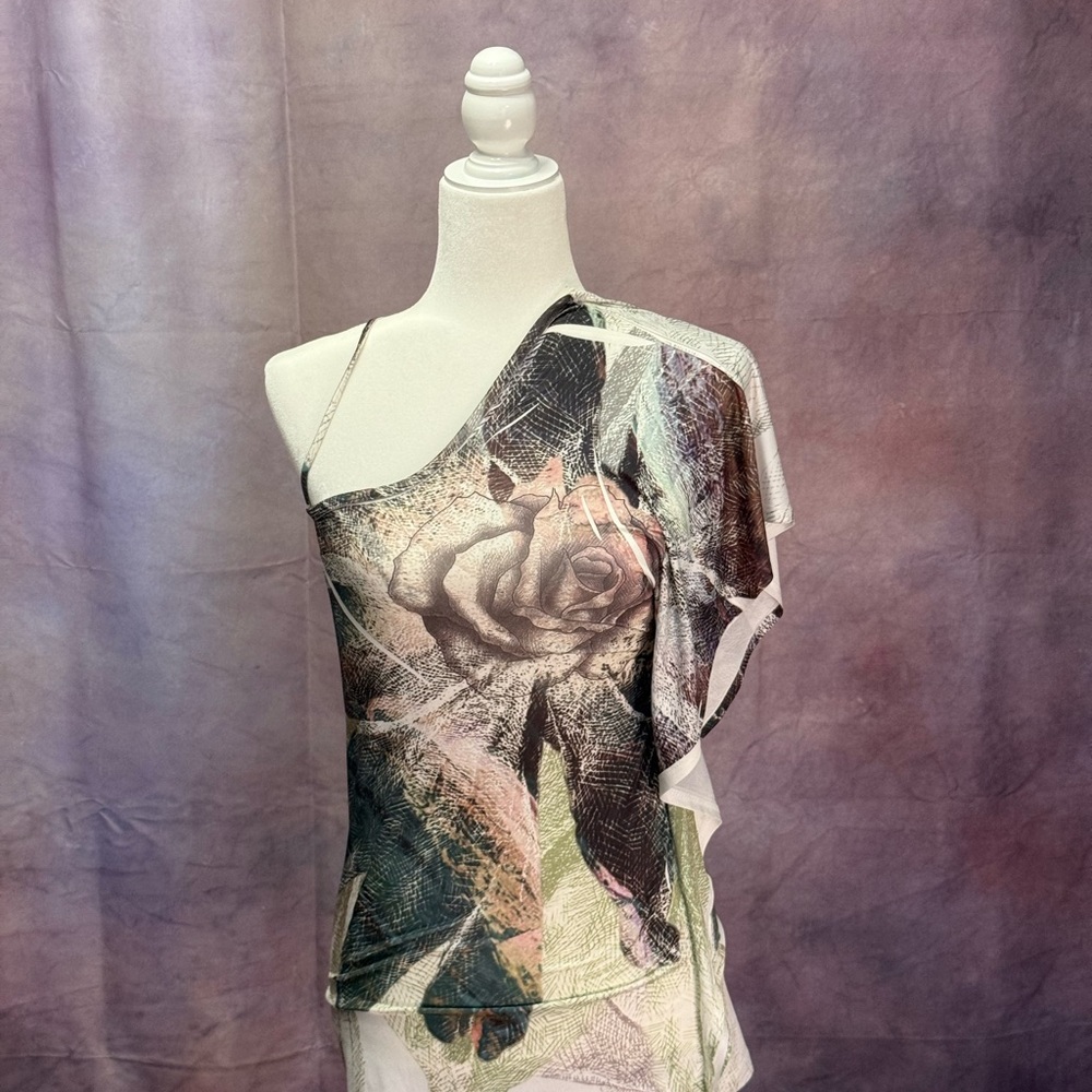 Wet Seal One Shoulder Floral Rose Print Top XL Spandex Made in USA